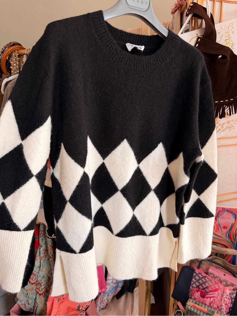 & Other Stories Black White Argyle Alpaca Wool Blend Oversized Sweater